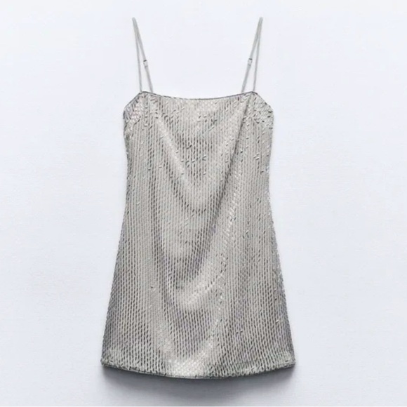 Zara Dresses & Skirts - ZARA Gray Silver Beaded Spaghetti Strap Mini Dress S NWT